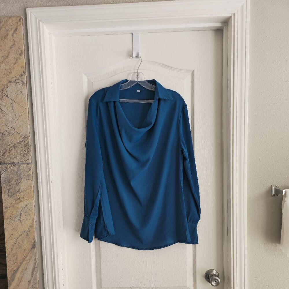 Blue Drape Neck Blouse - Women